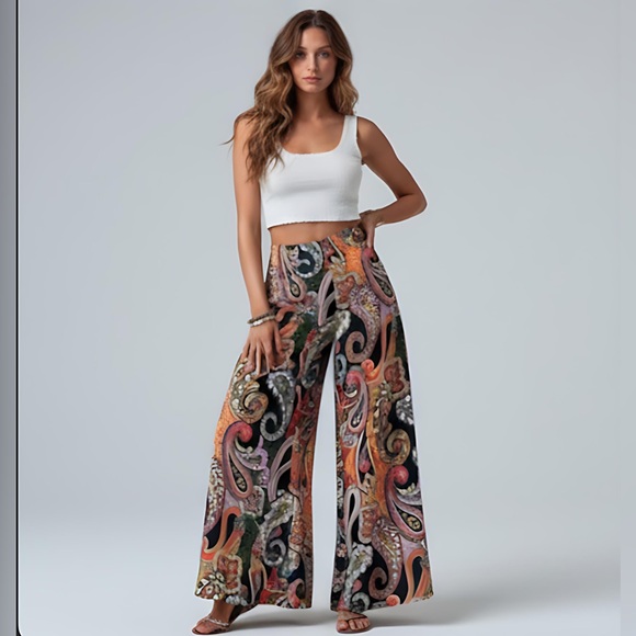 Pants - Paisley Print Wide Leg Pants Black